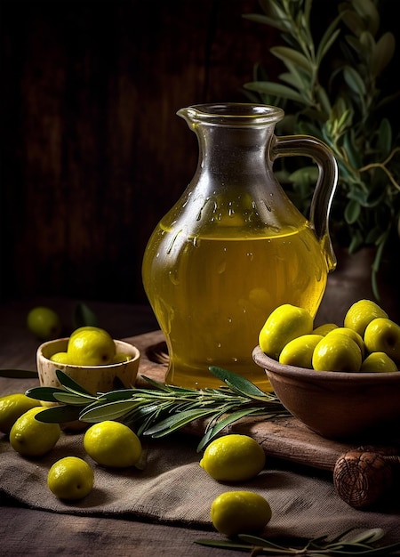 Bottiglia di olio d'oliva e olive su uno sfondo rustico e di pietra