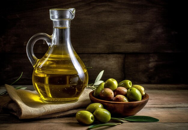 Bottiglia di olio d'oliva e olive su uno sfondo rustico e di pietra