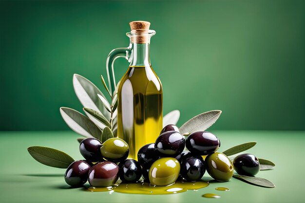 bottiglia di olio d'oliva e olive