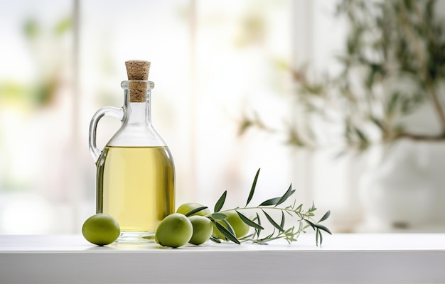 bottiglia di olio d'oliva e rami di ulivo sul tavolo di legno bianco su sfondo chiaro della cucina