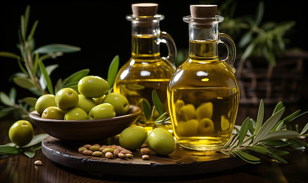 Bottiglia di olio d'oliva Elemento culinario essenziale su superficie di legno