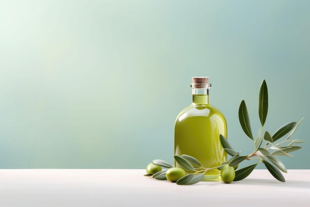 Bottiglia di olio d'oliva extra vergine fresco e olive verdi con foglie Illustrazione generativa AI