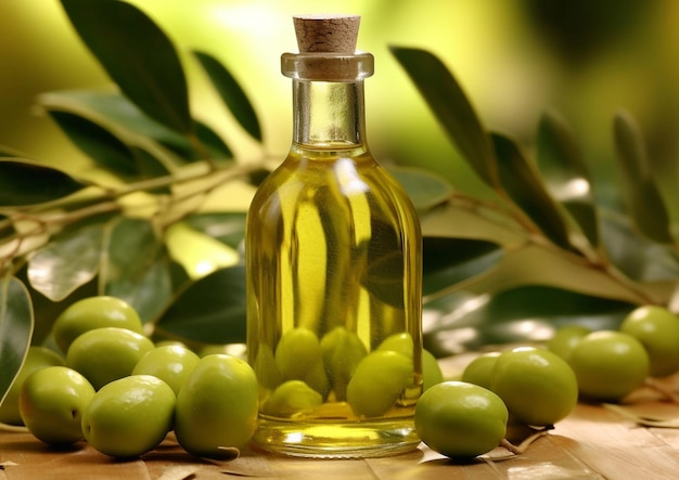 Bottiglia di olio d'oliva vergine con olive e foglie mature e libere su tavolo di legnoAI Generative