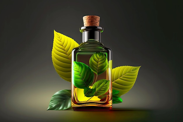 Bottiglia di olio essenziale di foglie verdi della pianta su sfondo nero