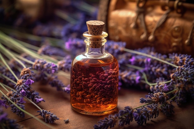 Bottiglia di olio essenziale di lavanda con fiori freschi IA generativa