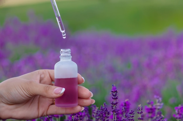 Bottiglia di olio essenziale di lavanda su tavola di legno e sfondo di campo di fiori