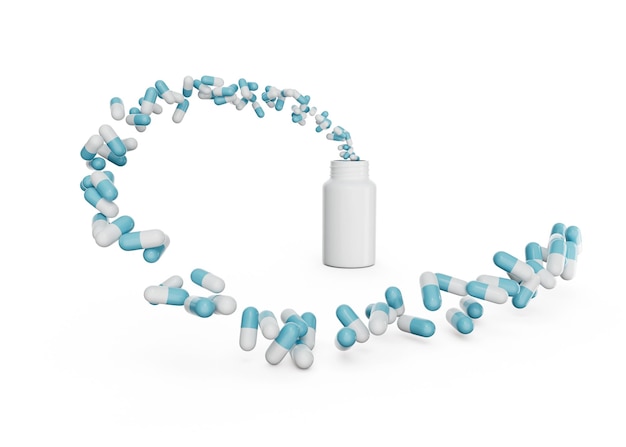 Bottiglia di pillola bianca vuota 3d con capsule antibiotiche che volano venendo nell'illustrazione 3d dell'aria