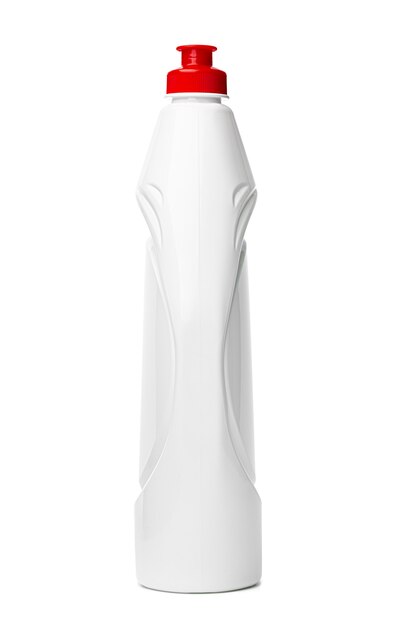 Bottiglia di plastica bianca di detersivo liquido isolato su sfondo bianco