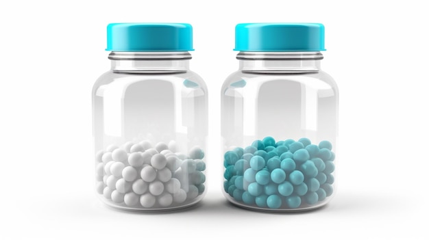 Bottiglia di plastica blu con palline bianche dentro AI generativa