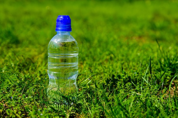 Bottiglia di plastica con l'acqua limpida nell'erba verde