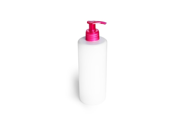 Bottiglia di plastica della pompa con erogatore rosa per sapone liquido o gel isolato su bianco.