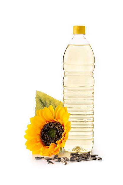 Bottiglia di plastica di olio di girasole isolata su sfondo bianco