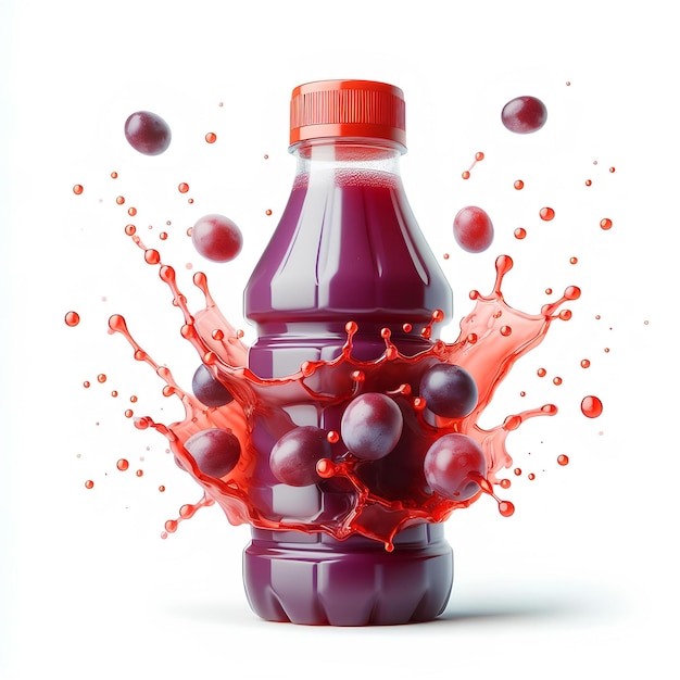 bottiglia di plastica rossa di succo d'uva con spruzzo di succo di uve isolato su sfondo bianco