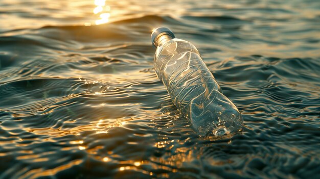 Bottiglia di plastica trasparente altamente deformabile galleggiante in mare