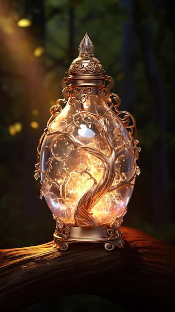 Bottiglia di pozione luminosa fantasy con piccolo albero magico