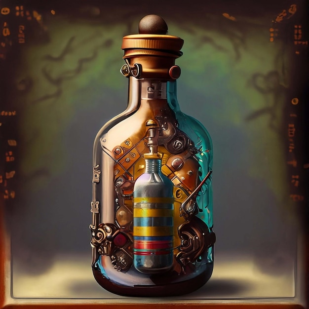 Bottiglia di profumo a bulbo in stile steampunk isolata su sfondo nero Illustrazione dell'IA generativa