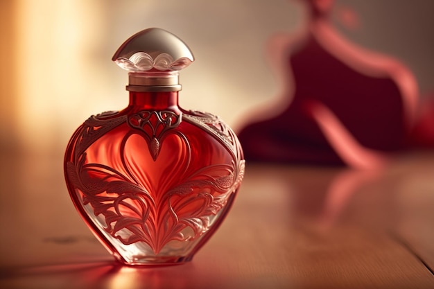 Bottiglia di profumo a forma di cuore rosso L'amore è un sentimento di affetto e una dimostrazione di affetto che si sviluppa tra esseri che hanno la capacità di dimostrarlo Amore presente e San Valentino