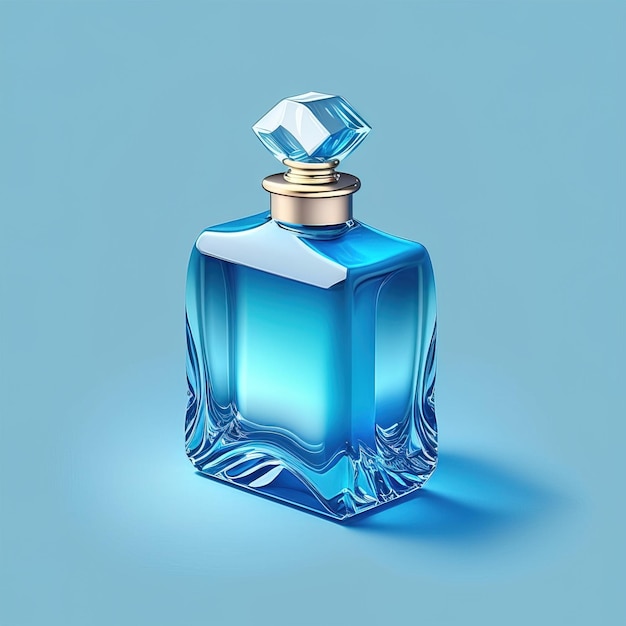 Bottiglia di profumo blu su sfondo blu piatto, semplice pulito e minimalista