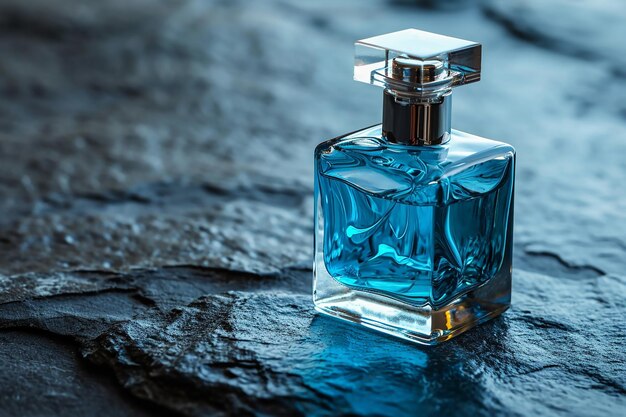 Bottiglia di profumo blu trasparente su uno sfondo di pietra nuda bagnata