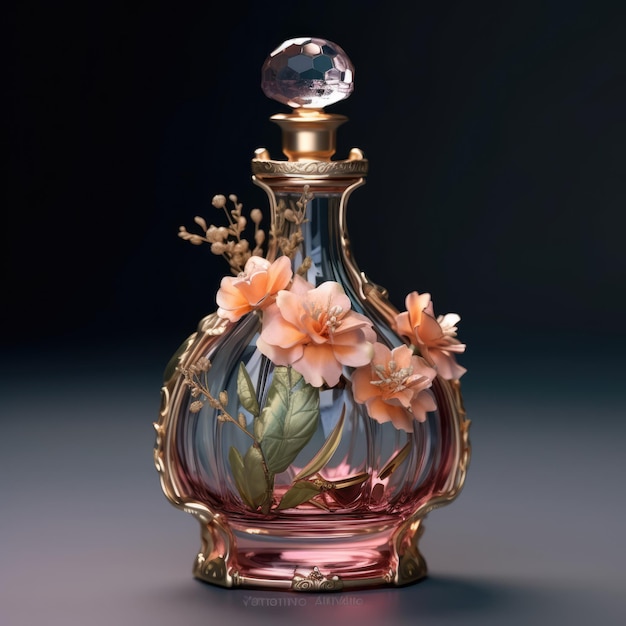 Bottiglia di profumo creativa con fiori composizione moderna