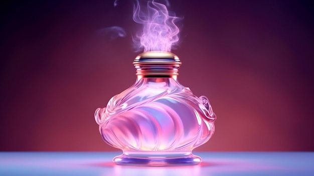 bottiglia di profumo di vetro o cristallo di lusso con ondate di fumo sullo sfondo a tema viola rosa