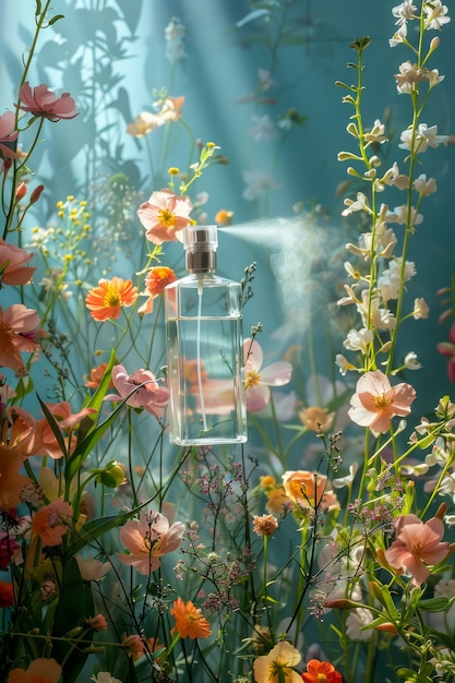 Bottiglia di profumo eterico che spruzza profumo tra fiori vibranti con i raggi del sole