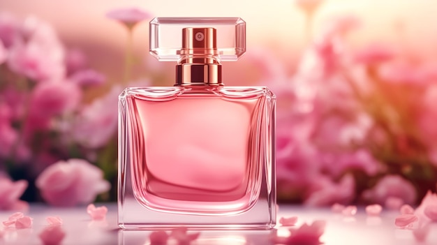 Bottiglia di profumo floreale di lusso e fiori rosa profumo commerciale in giardino di fiori profumeria su misura e vendita di prodotti di bellezza post-elaborato generativo ai