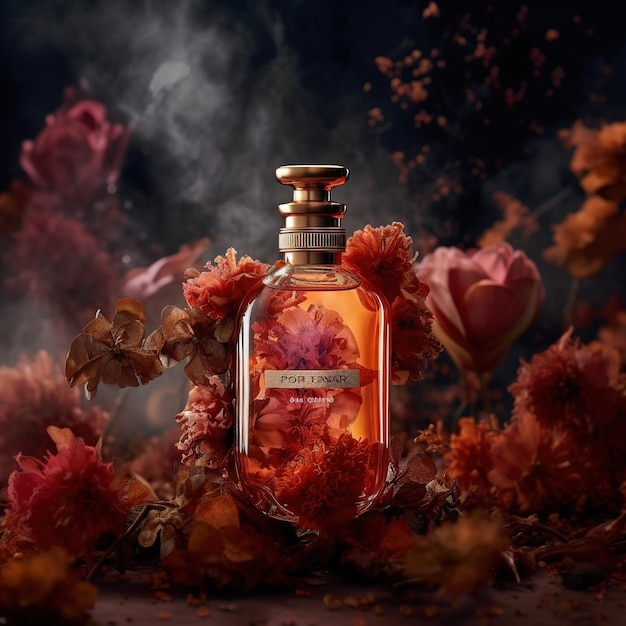 Bottiglia di profumo in autunno sfondo
