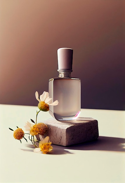 Bottiglia di profumo in vetro opaco con fiori su podio in pietra AI Generato