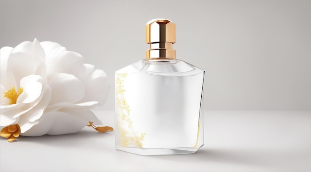 Bottiglia di profumo per donna in vetro bianco che pubblicizza la confezione del prodotto mockup promozionale di Generative AI