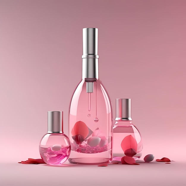 Bottiglia di profumo rosa su sfondo rosa pastello rose come set di condimento bottiglie di prodotto pulite senza etichette