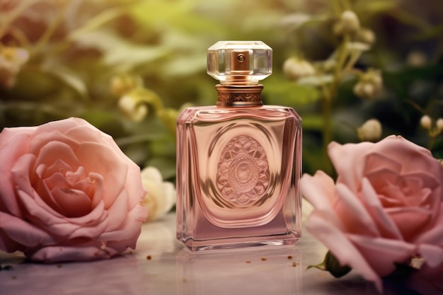 Bottiglia di profumo su uno sfondo di rose rosa AI generato