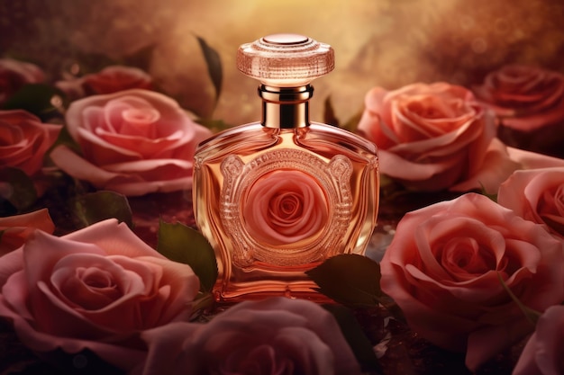 Bottiglia di profumo su uno sfondo di rose rosa generata dall'AI