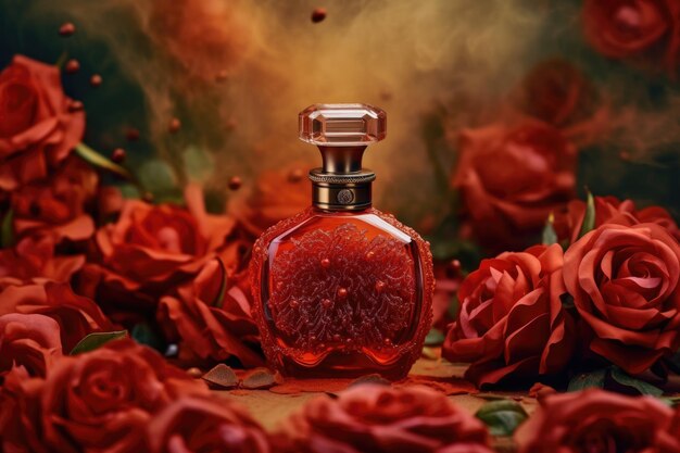 Bottiglia di profumo su uno sfondo di rose rosse generate dall'AI