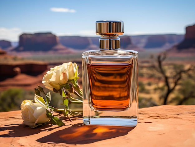 Bottiglia di profumo sullo sfondo di un bel tramonto nel deserto3d render illustrazione