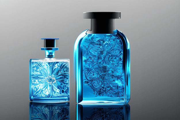 Bottiglia di profumo trasparente su un modello di bottiglia di profumo di sfondo stupefacente Studio