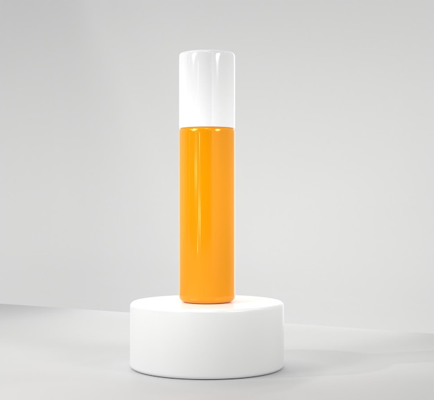 Bottiglia di protezione solare 3D su podio rotondo bianco mock up banner Crema cosmetica di bellezza con lozione per la cura della pelle di protezione UV Contenitore arancione vuoto su sfondo minimo di studio per il rendering 3d del prodotto di visualizzazione