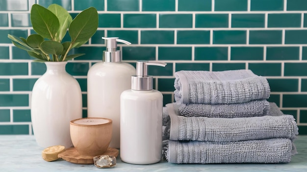 Bottiglia di sapone e asciugamani in ceramica sul bancone sullo sfondo del bagno