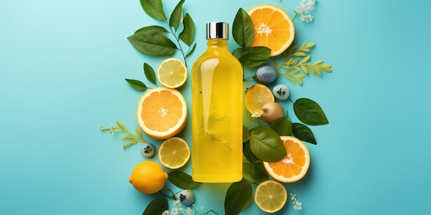 Bottiglia di shampoo blu con pettini fette di agrumi cubetti di ghiaccio e foglie esotiche su uno sfondo giallo con spazio di copia cosmetici per la cura dei capelli con ingredienti naturali prodotti di bellezza estivi