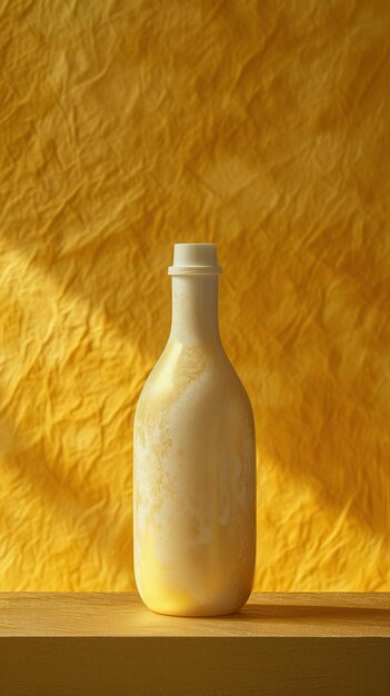 Bottiglia di shampoo su uno scaffale di legno su uno sfondo giallo