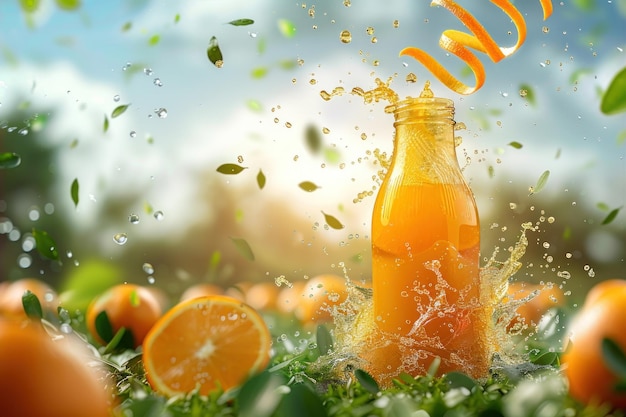 bottiglia di succo d'arancia con lo sfondo di una fattoria di arance
