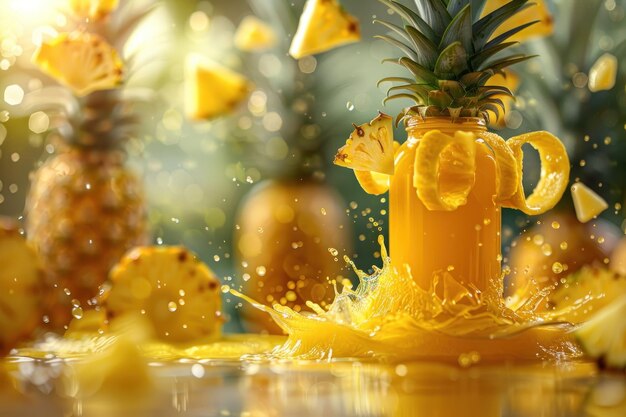 bottiglia di succo di ananas con sfondo di fattoria