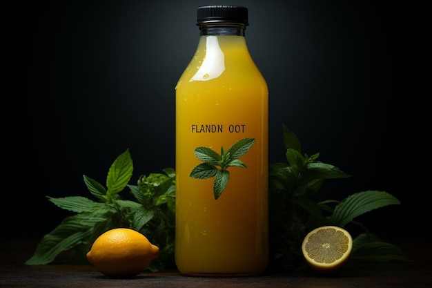 Bottiglia di succo di mango con foglie di menta fresca la migliore fotografia di succho di mango fresco