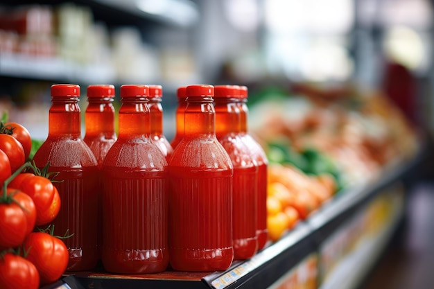 Bottiglia di succo di pomodoro rosso fresco su uno sfondo rosso isolato