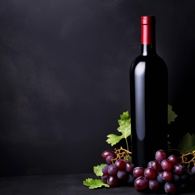 Bottiglia di uva da vino su sfondo nero con spazio per la copia