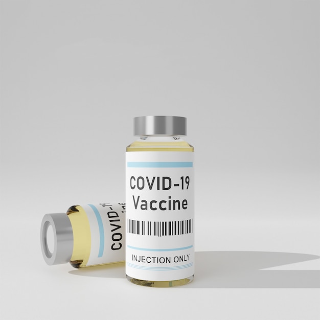 Bottiglia di vaccino contro il coronavirus (Covid -19) su sfondo bianco. Rendering 3D