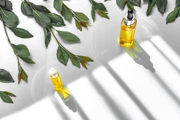 Bottiglia di vetro con olio essenziale cosmetico, rami verdi freschi e foglie isolate su sfondo bianco. Prodotto naturale biologico. Vista piana e dall'alto. Copia spazio.