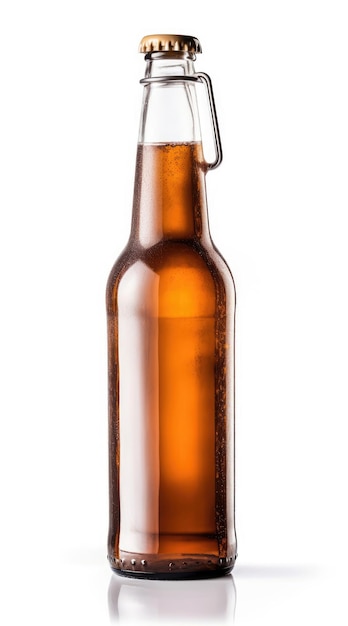 Bottiglia di vetro di birra su sfondo bianco
