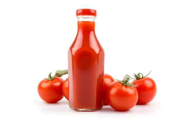 Bottiglia di vetro di ketchup e alcuni pomodori isolati su sfondo bianco immagine generata dalla rete neurale