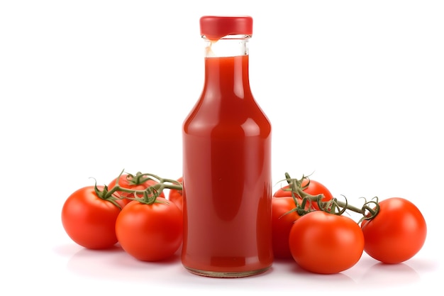 Bottiglia di vetro di ketchup e alcuni pomodori isolati su sfondo bianco immagine generata dalla rete neurale